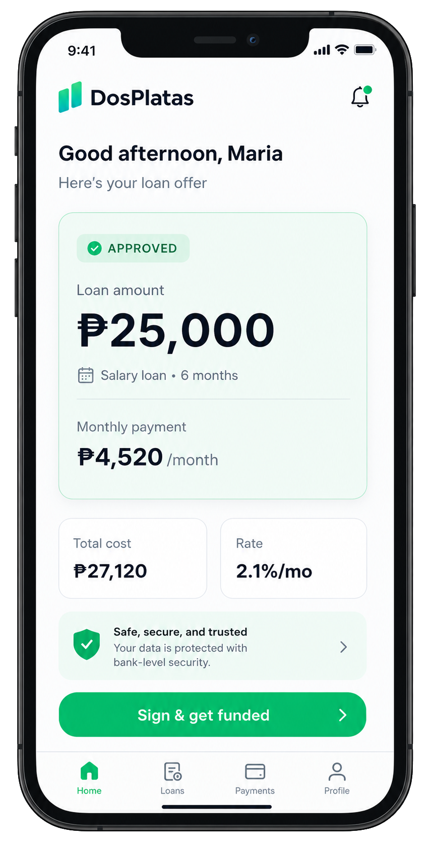 DosPlatas mobile app showing an approved loan